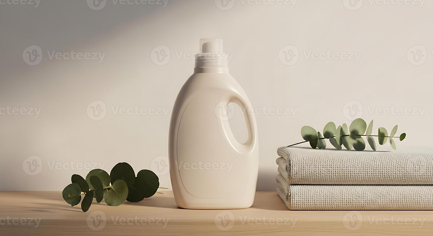 A bottle of liquid and a towel on a wooden table photo