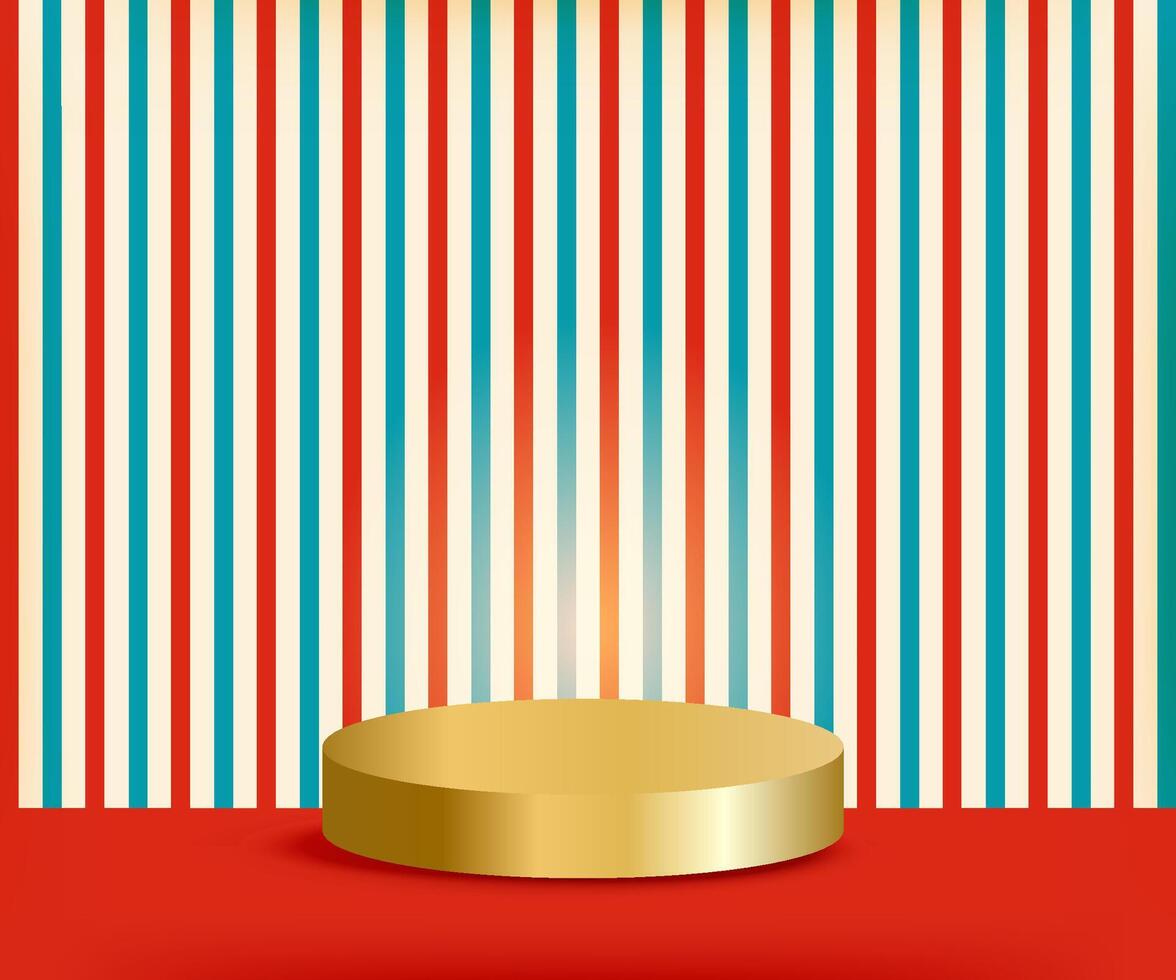 Circus background with vertical red blue beige stripes, red bottom stage and gold platform podium. Perfect for invitation or banner. illustration with empty space vector