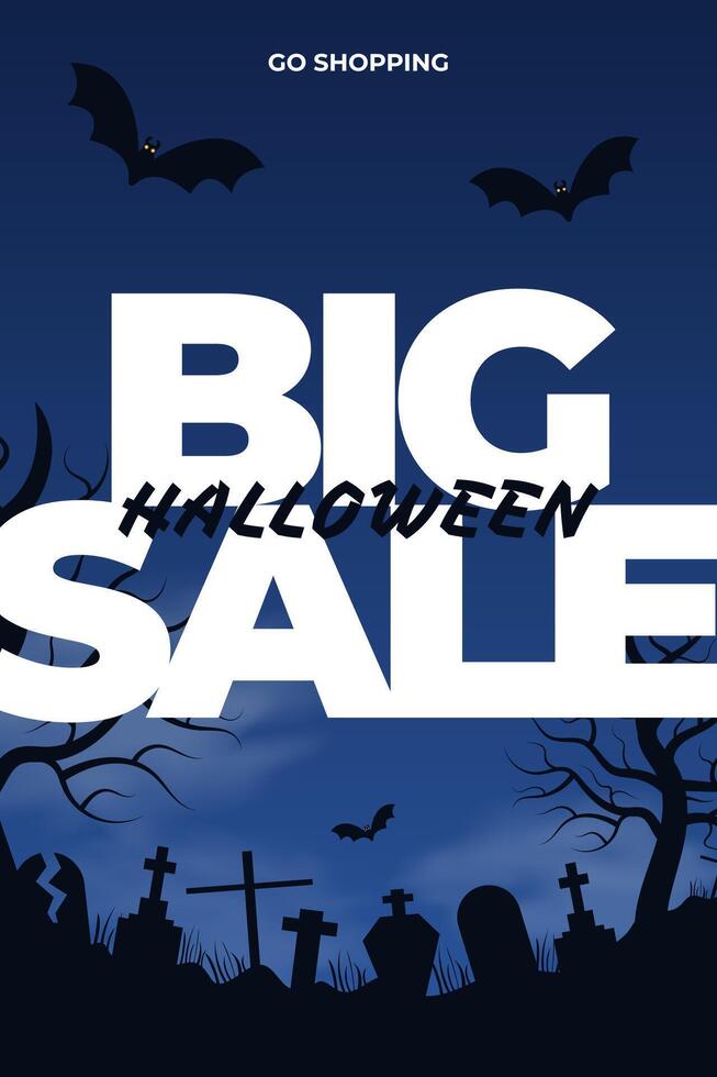 Halloween big sale vertical banner label background design. Go shopping for holiday season template with trees, graveyard, bats flat style dark blue black background. illustration vector