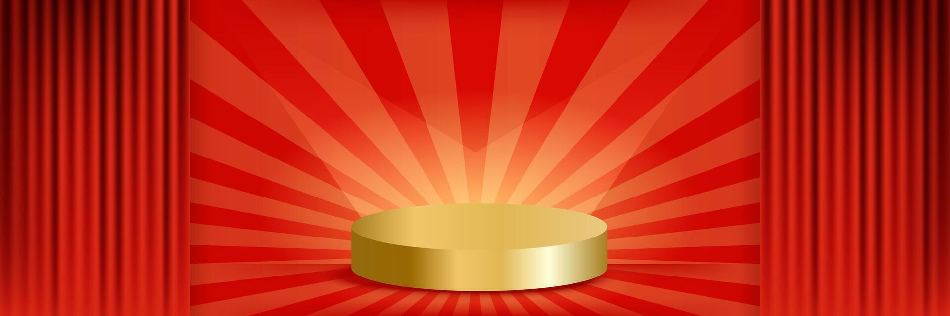 Golden podium with glowing rays, dramatic lighting, red curtains, background perfect for circus or carnival design. illustration with empty space for text vector