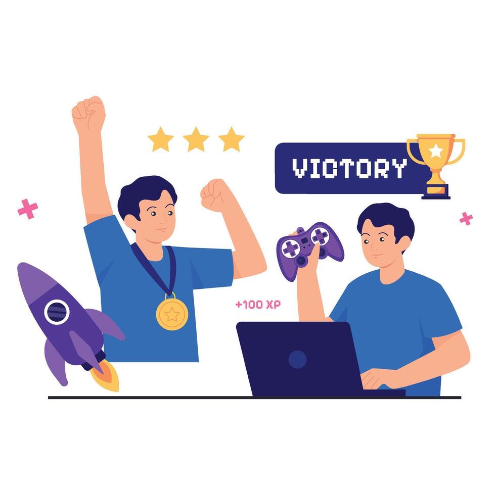 Gamers celebrating victory with trophies vector