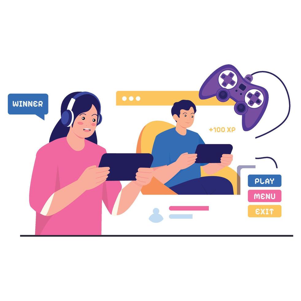 Gamers playing video games together vector