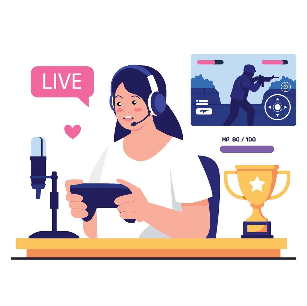 Gamer streaming live with a trophy vector