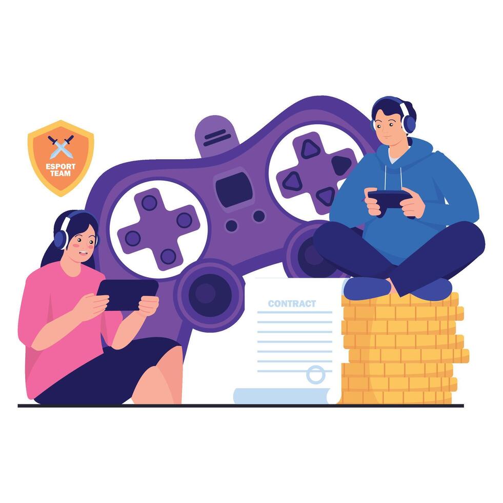 Gaming players with controllers and headphones vector