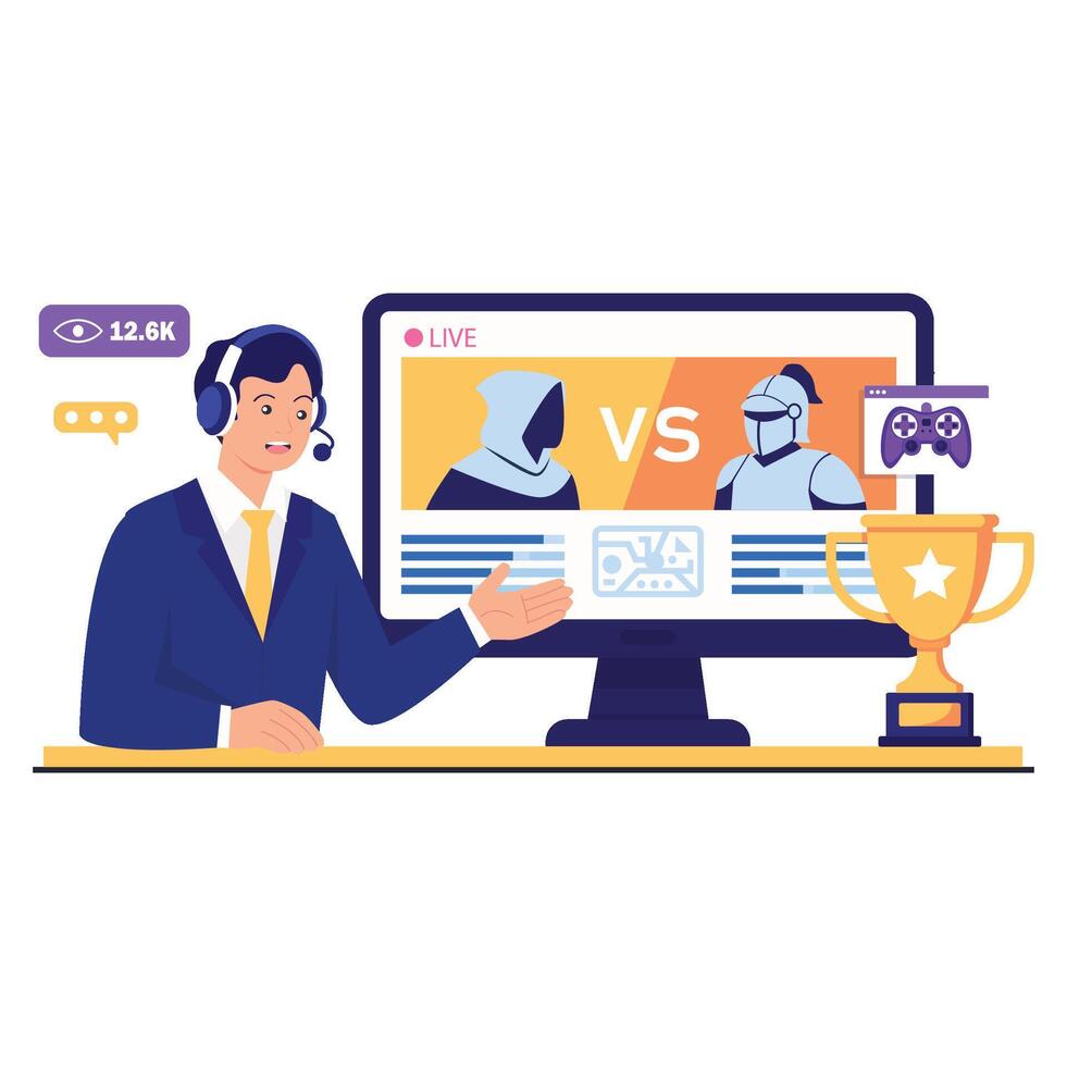 Live gaming commentary with trophy vector