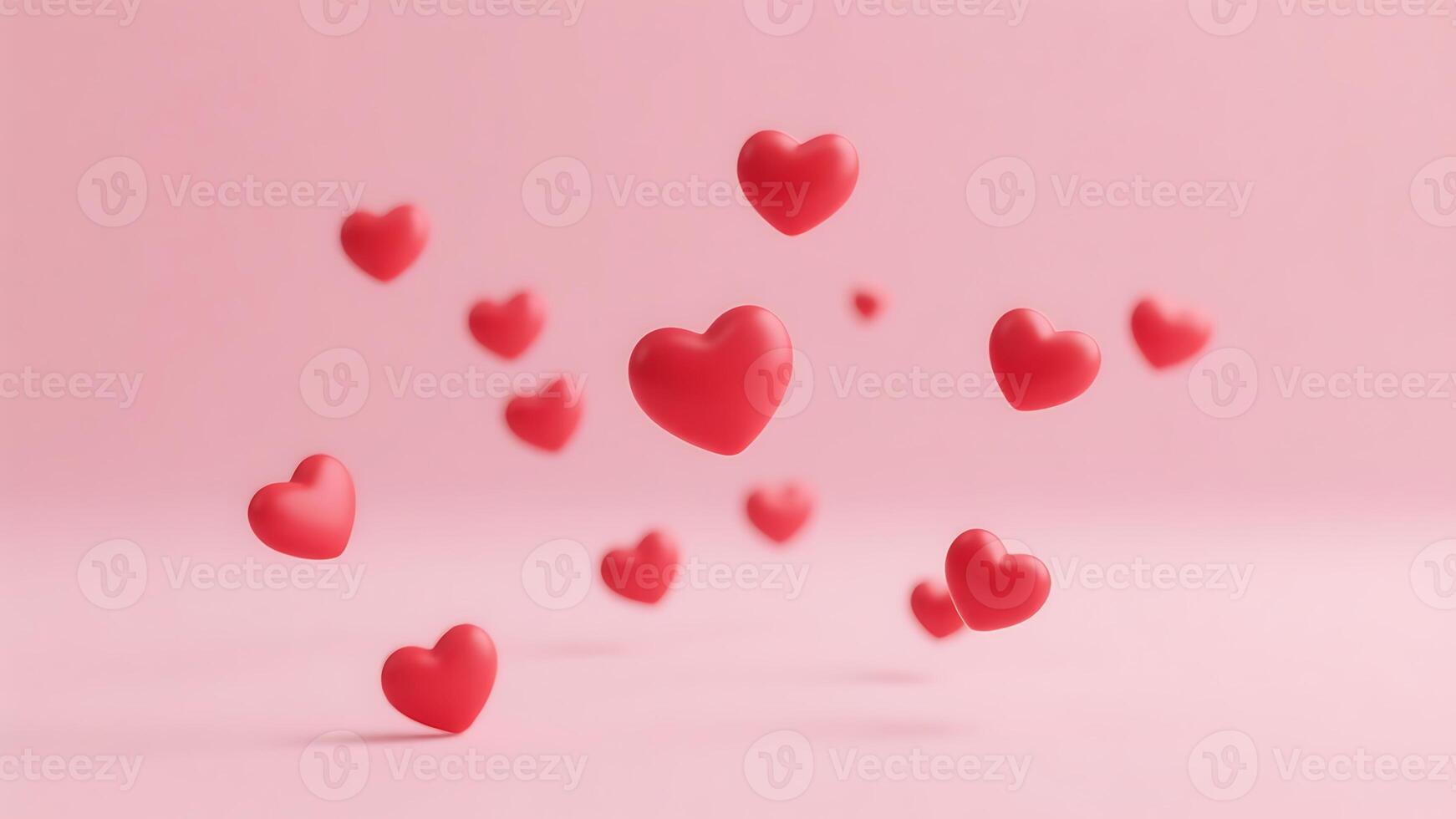 Pink background with many floating red hearts, romantic love concept, Valentine's Day, 3D rendering, abstract hearts photo