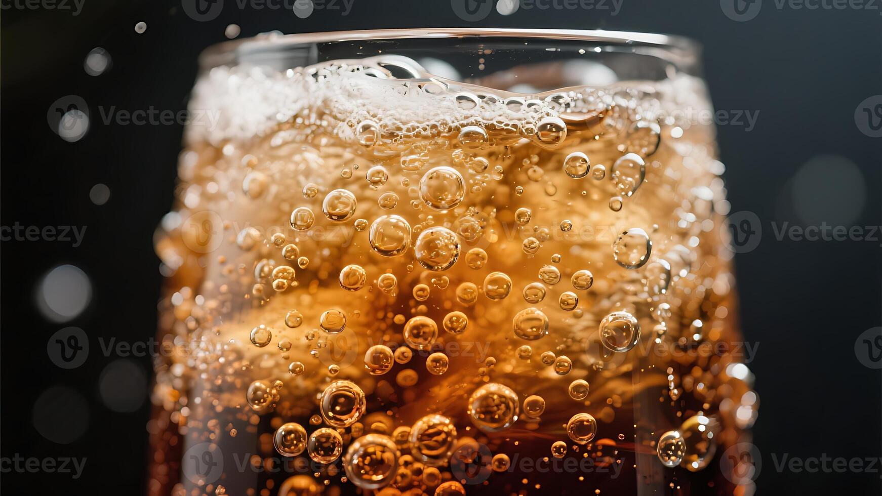 Close-up of carbonated cola drink with ice cubes in glass, showcasing effervescence and bubbles, dark background photo