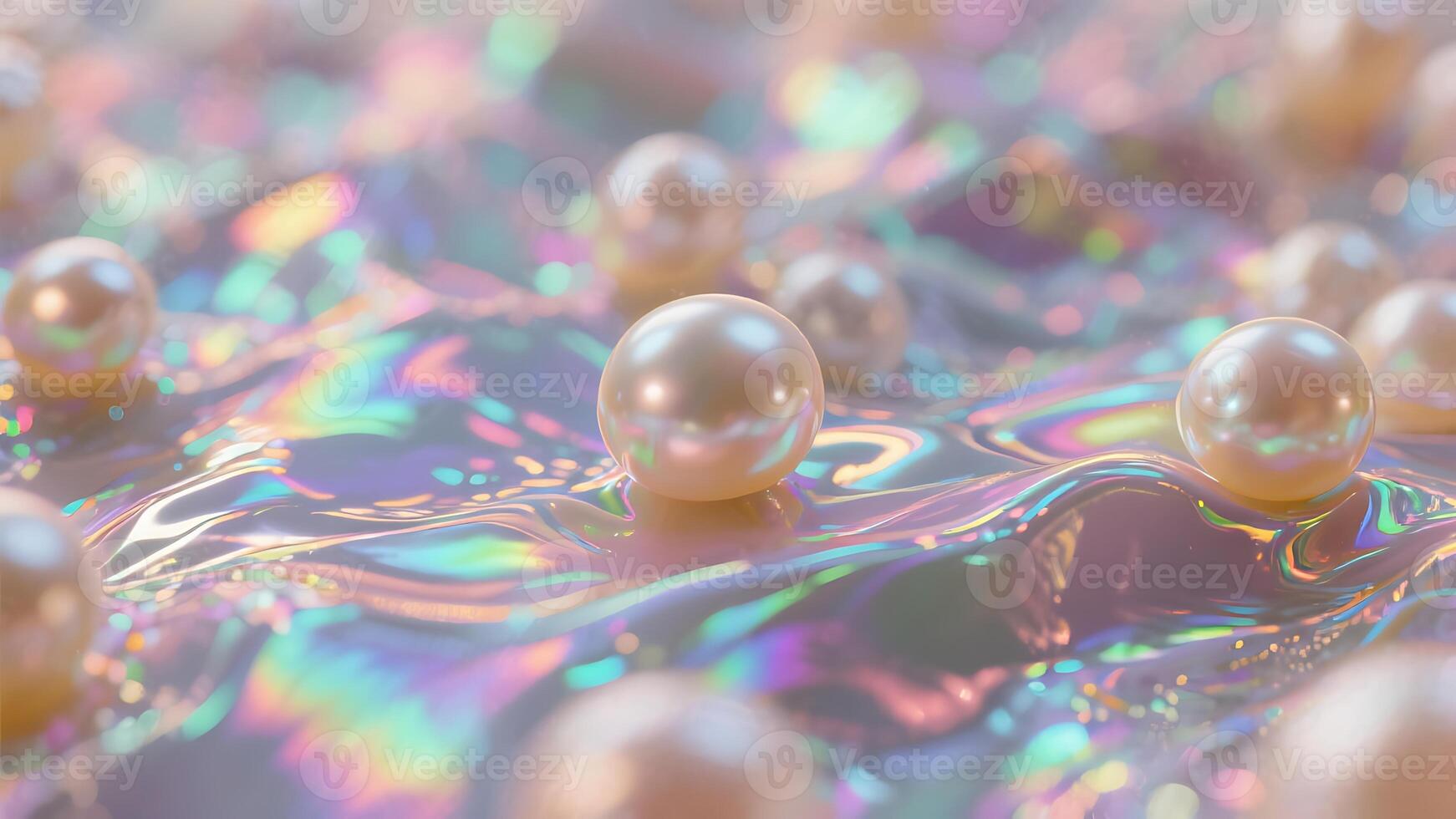Elegant iridescent pearls resting on a shimmering holographic surface, creating a luxurious and dreamy background with pastel colors and soft lighting photo