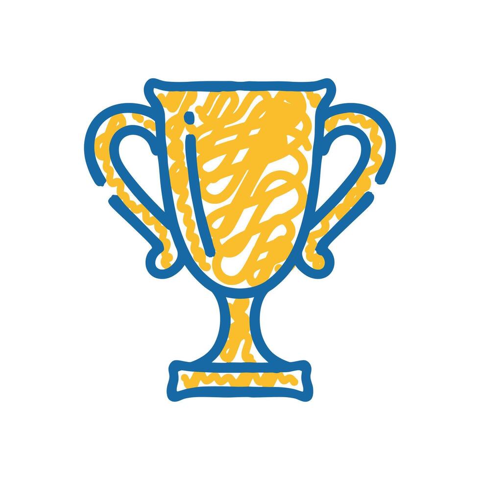 Doodle style golden trophy icon with blue outline representing achievement and success in business and sport vector
