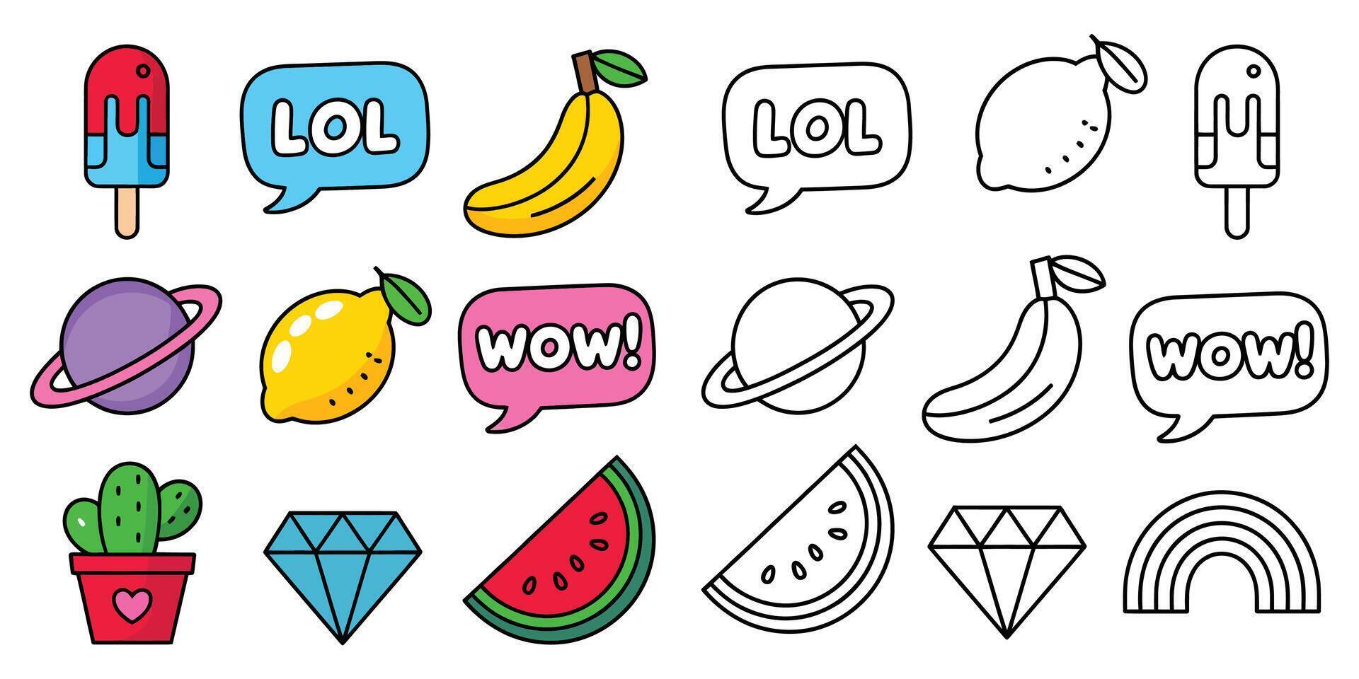 Variety of Colorful and Black and White Stickers Featuring Fruits Desserts and Fun Word Bubbles for Graphic Design vector