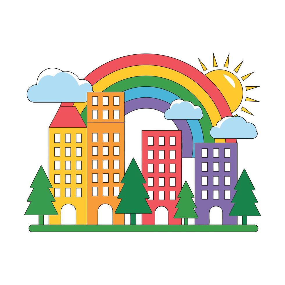 Colorful buildings with rainbow and sun vector