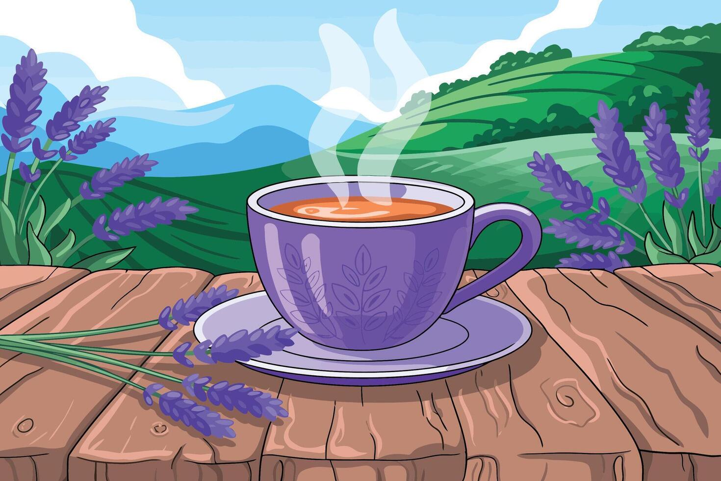 Cup of lavender tea with mountains vector