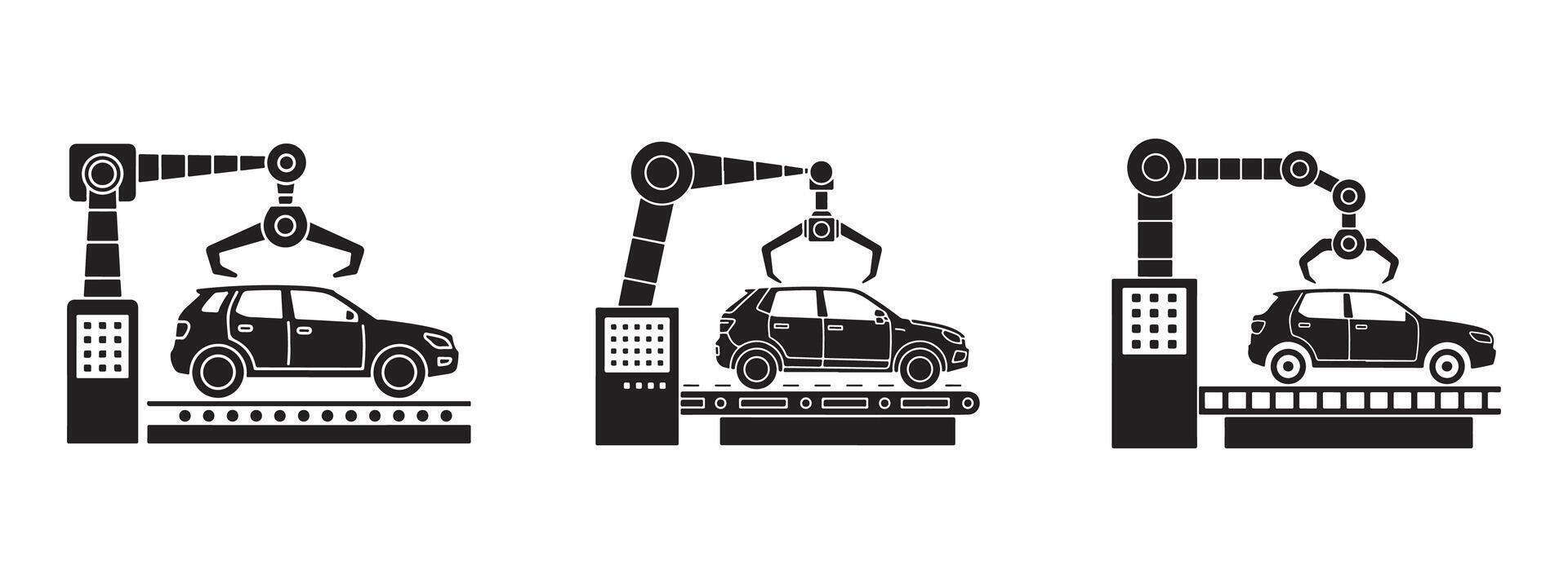 Automated car manufacturing process concept with robotic arms assembling vehicles on a production line illustration and modern industrial technology vector