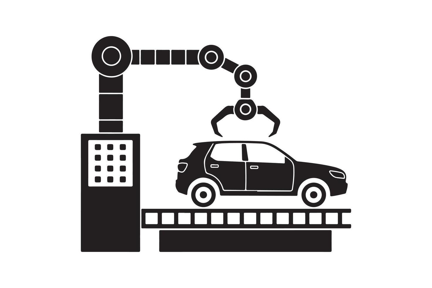 Automated car manufacturing assembly line illustration showcasing industrial robotics and advanced technology for vehicle production efficiency vector