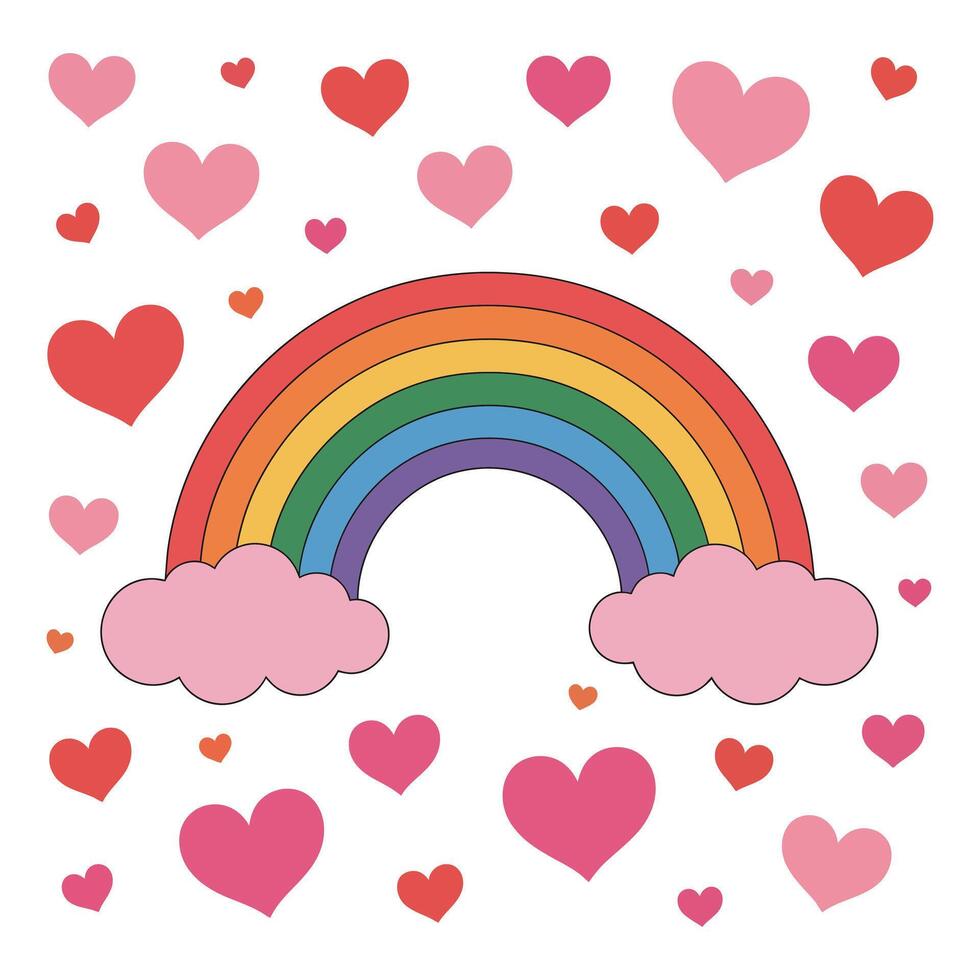 Rainbow with Clouds and Hearts Illustration for Valentines Day and Pride Month with Bright Colors vector