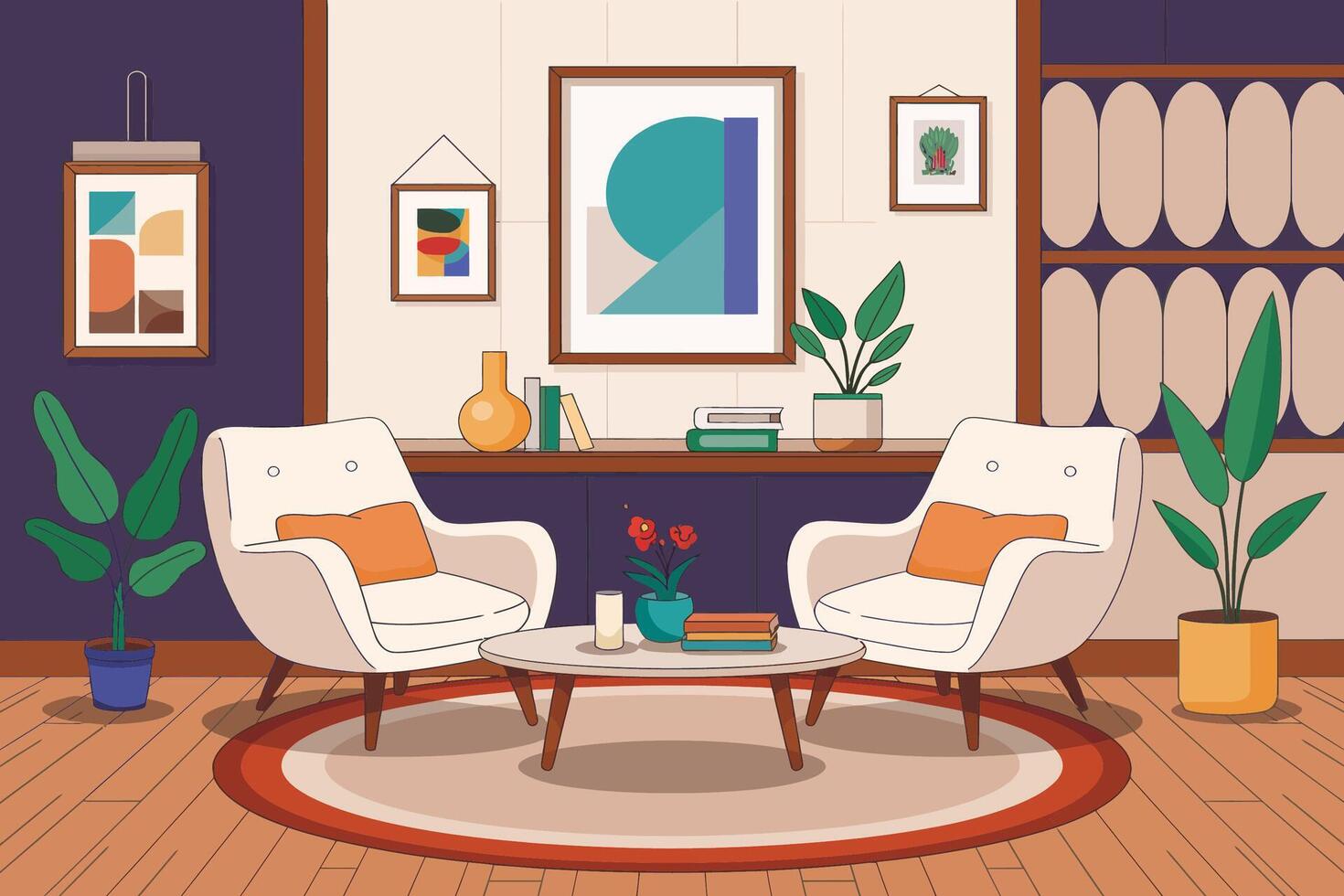 Modern living room with plants and decor vector