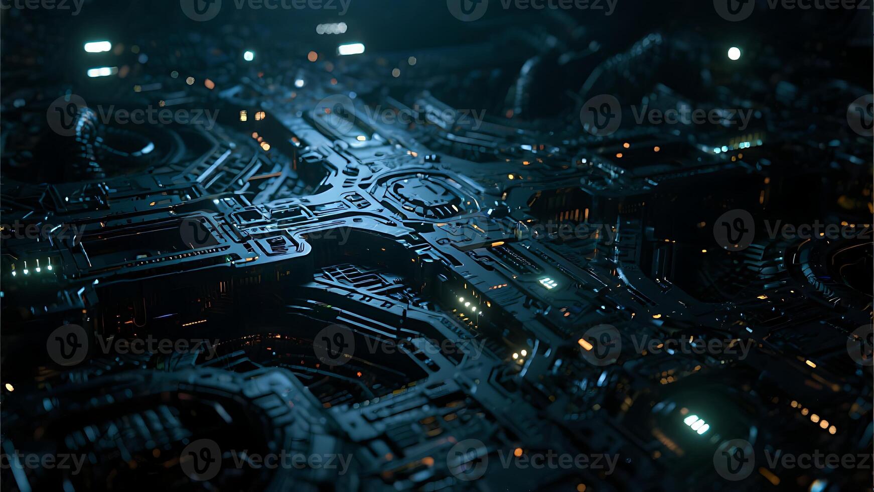 Abstract futuristic technological background, intricate cyberpunk-style circuit board texture with glowing neon lights, dark blue and orange hues, detailed 3D rendering of complex machinery photo