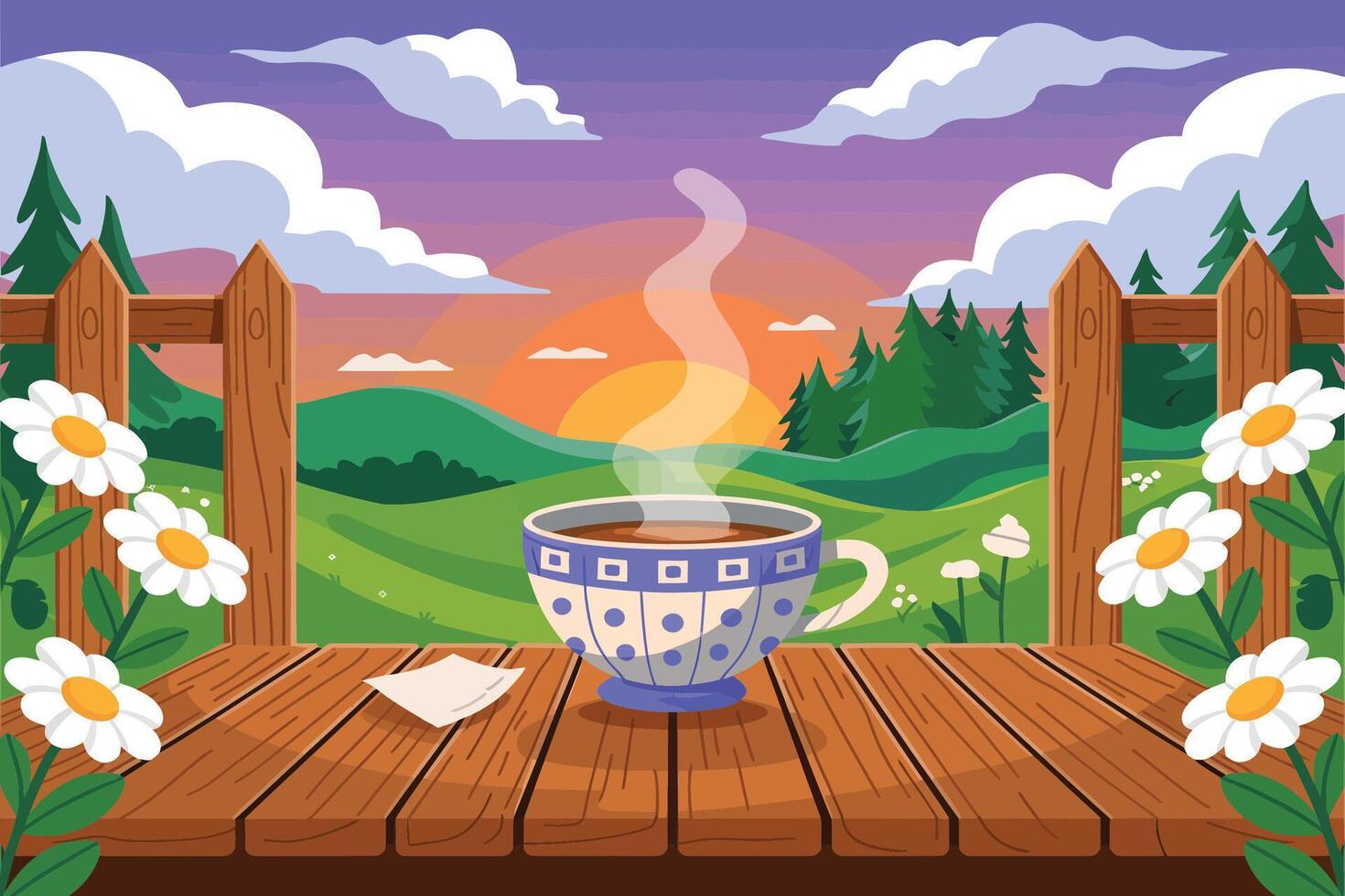 Steaming coffee cup against sunset landscape vector