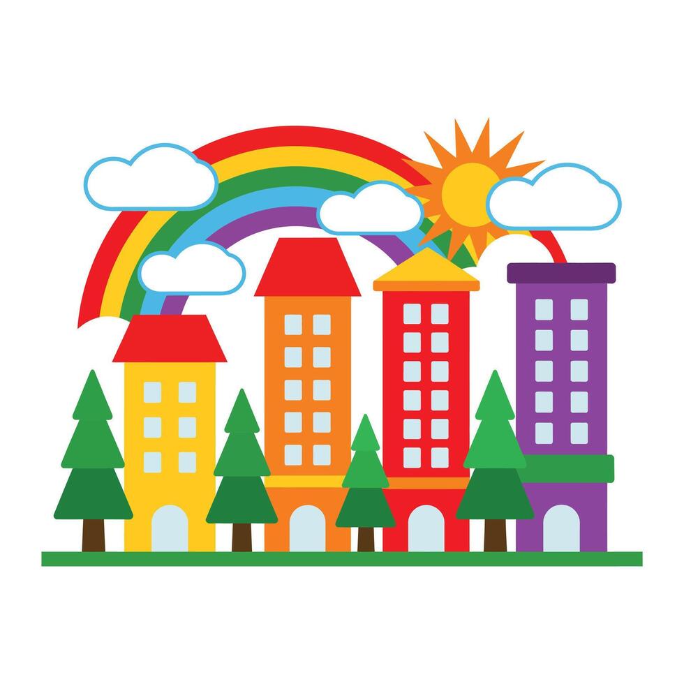 Colorful cityscape with rainbow and trees vector