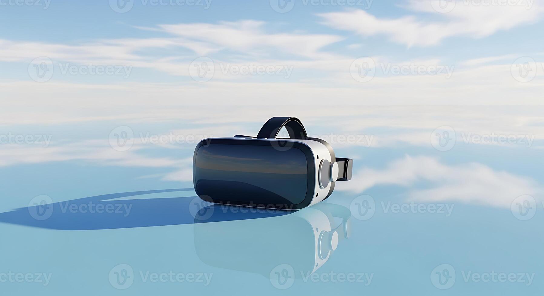 A vr headset sitting on a reflective surface with a cloudy sky in the background in a studio shot photo