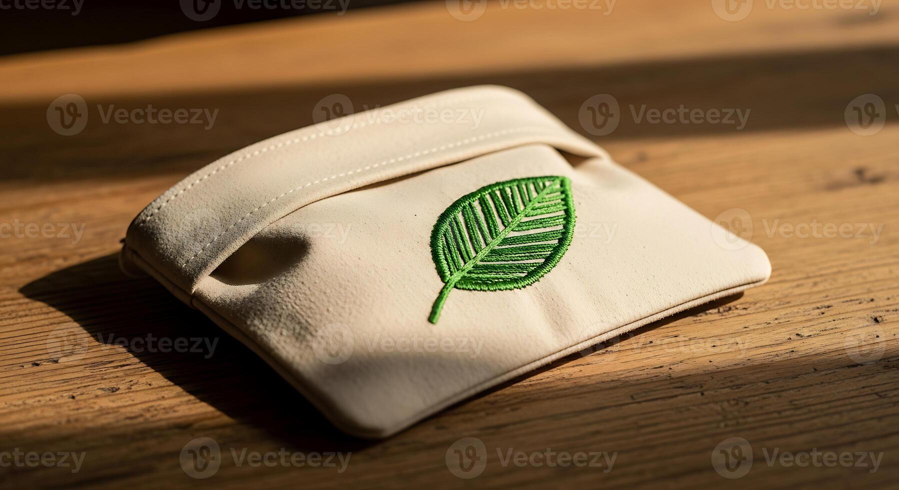 A beige pouch with a green leaf embroidery on a wooden surface under natural sunlight creating shadows photo