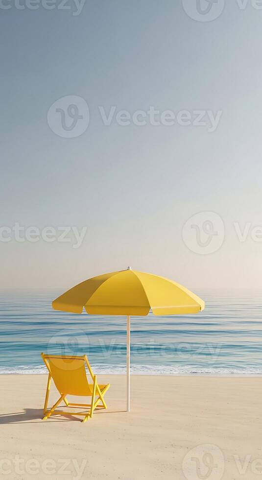 A yellow beach chair and umbrella on a sandy beach with the ocean and sky in the background view photo