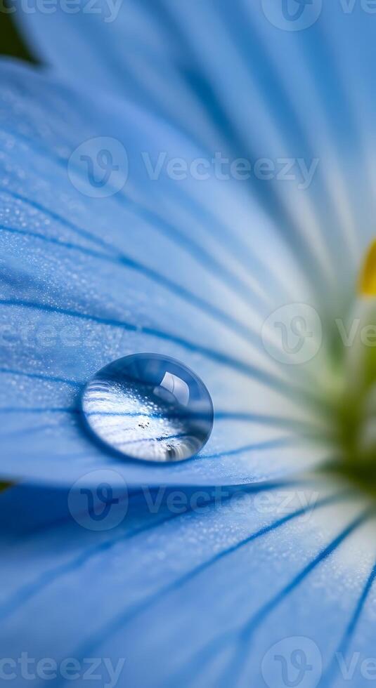 A macro shot of a water droplet on a blue flower petal with a blurred background of the flower center photo
