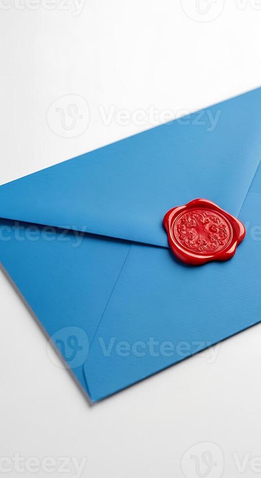 A close up of a blue envelope sealed with a red wax seal on a white surface in a studio setting photo