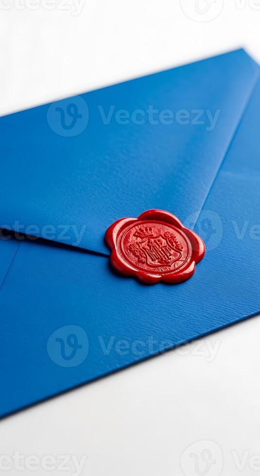 A close up of a blue envelope sealed with a red wax stamp on a white surface showing the details photo