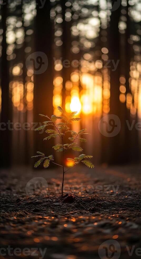A small tree sapling in a forest illuminated by a bright orange sunset in the background scene view photo
