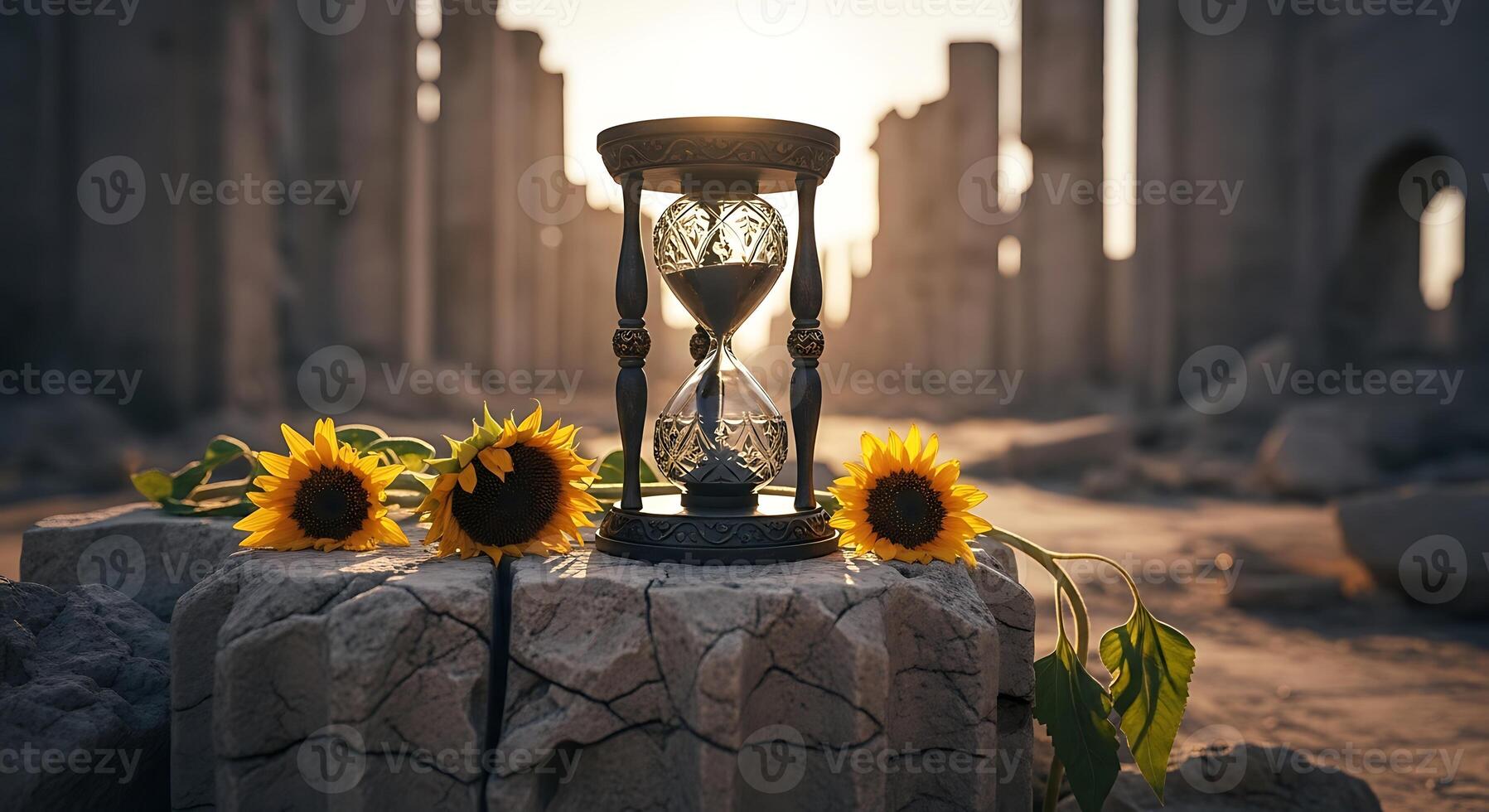 Hourglass on stone with sunflowers in ruins evoking time passing and beauty in decay landscape photo