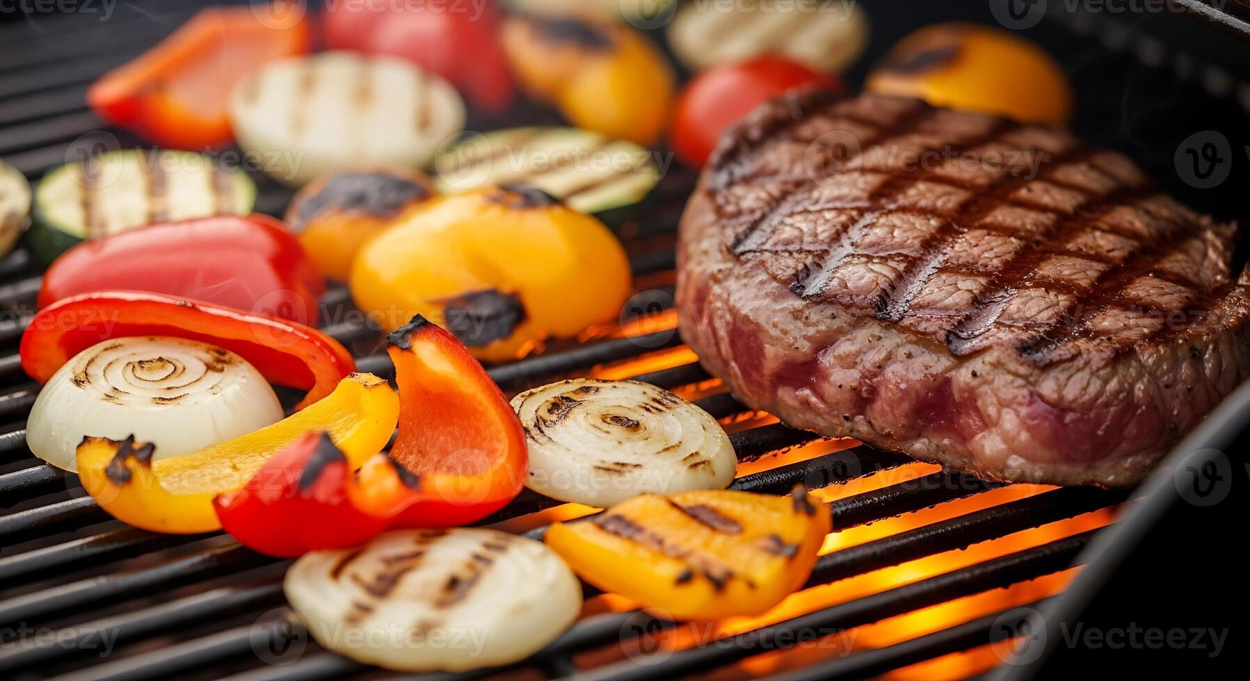 A close up of a steak and vegetables grilling on a barbecue with visible grill marks and flames below photo