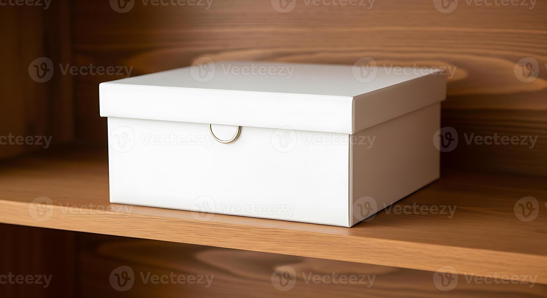 A white square box with a silver handle sits on a wooden shelf inside of a wooden cabinet photo