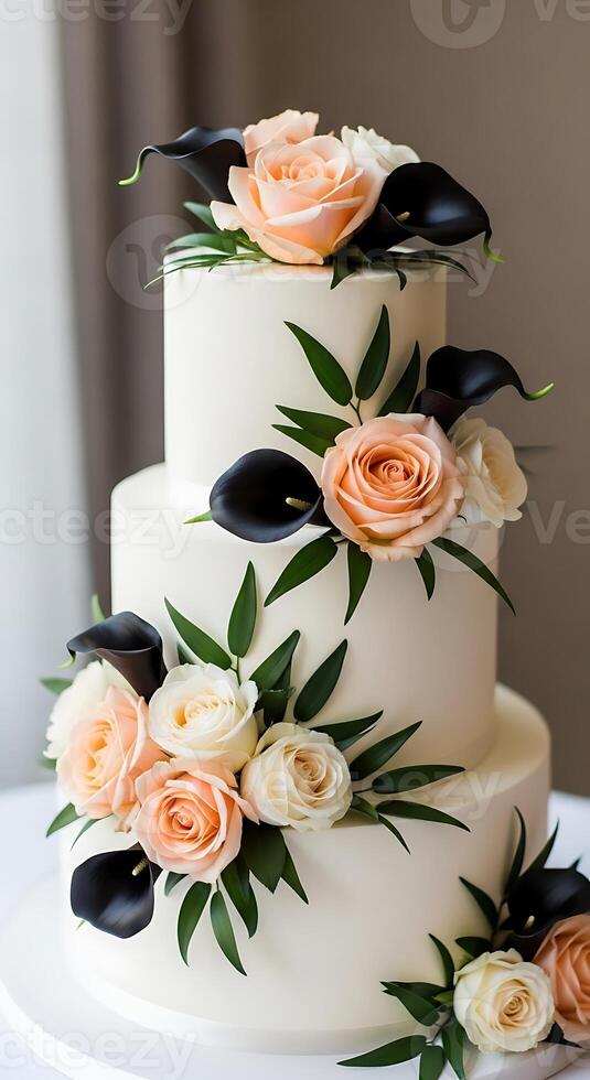 A three tiered wedding cake adorned with peach roses, white roses, and black calla lilies photo