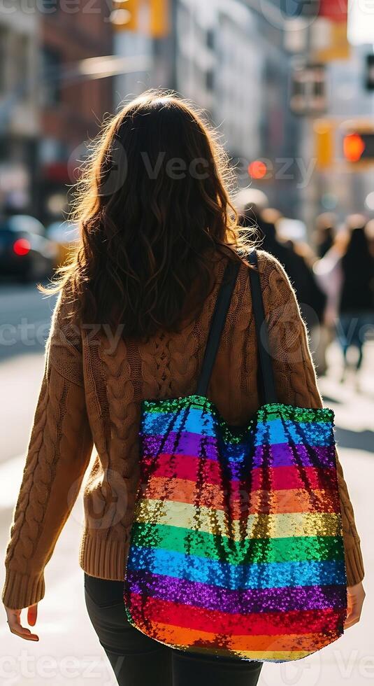 Woman walking away with rainbow sequin tote bag in urban setting on a sunny day in the city photo