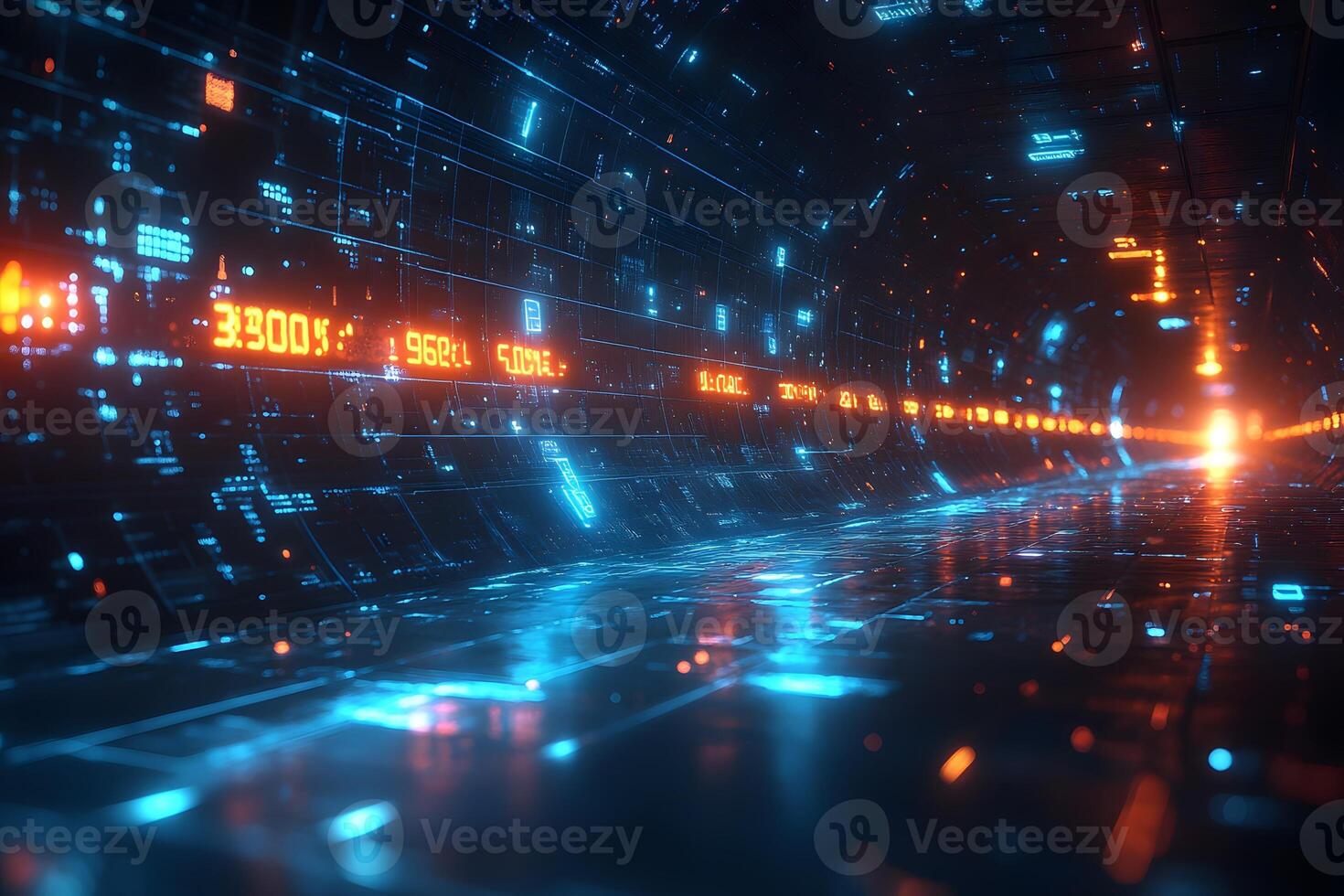 Futuristic Digital Tunnel with Neon Lights and Data Streams for Technology and Finance Concepts photo