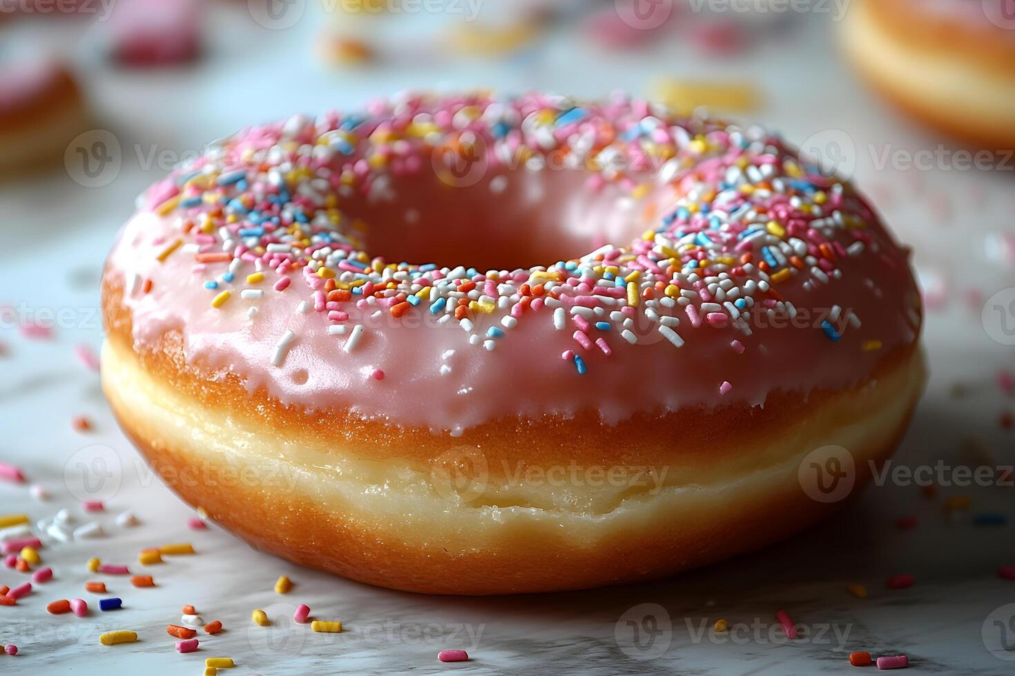 Delicious Pink Frosted Donut with Sprinkles on Marble Background photo
