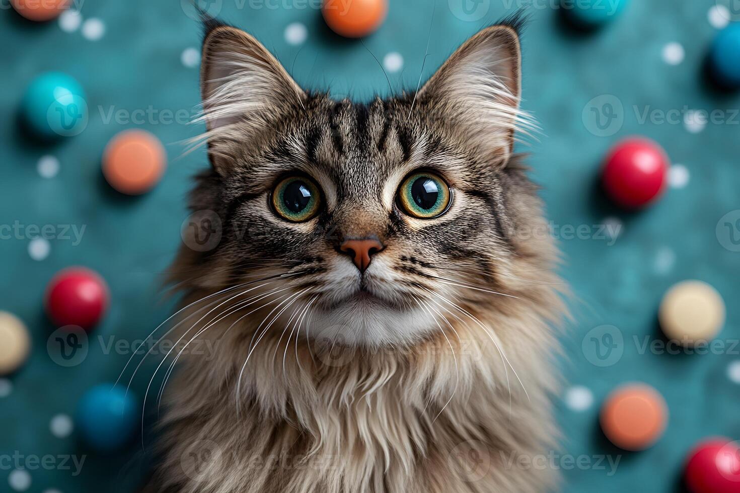 Playful Maine Cat Portrait with Colorful Balls on Teal Background photo