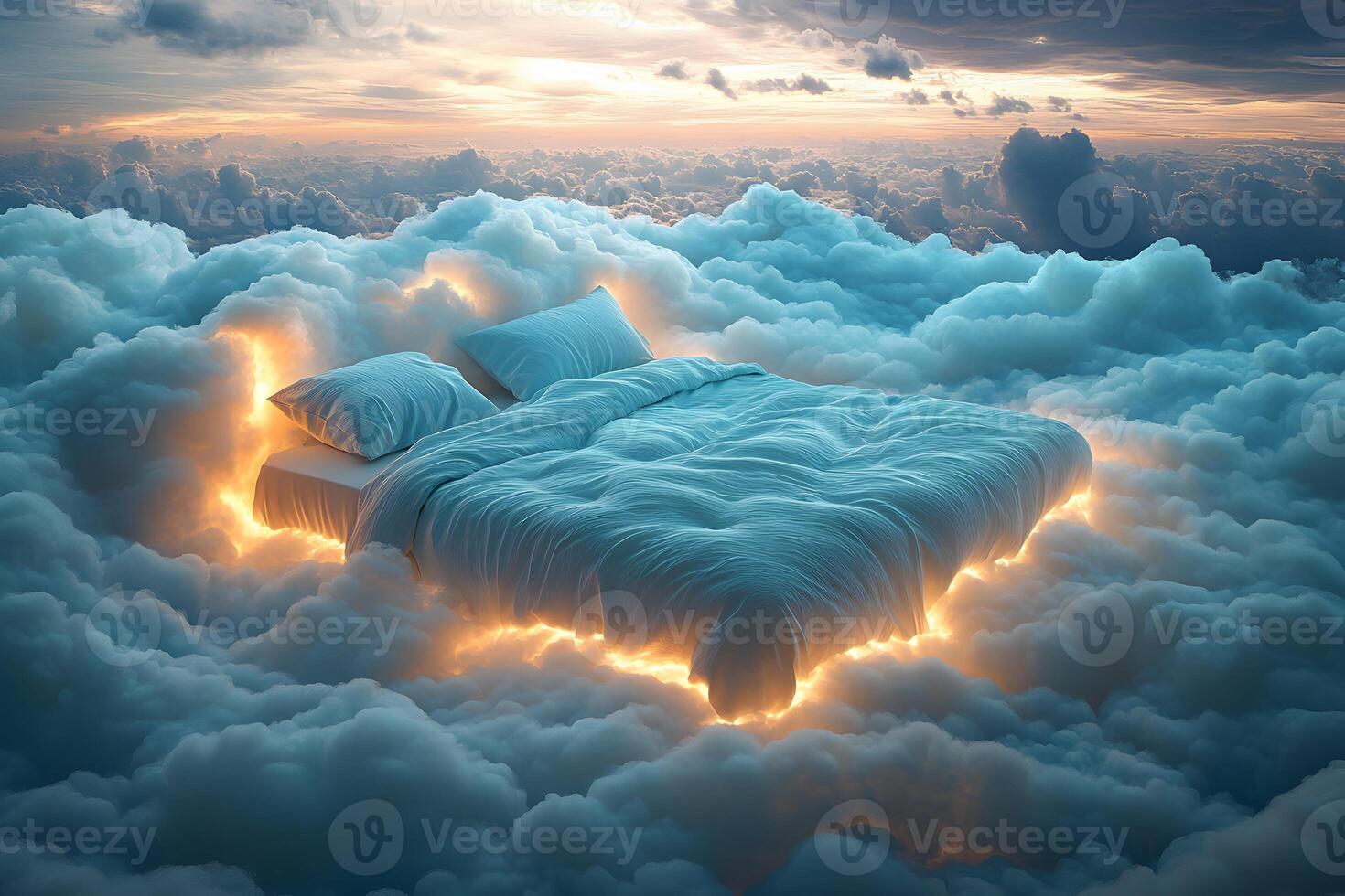 Dreamlike Bed Floating Amongst Glowing Clouds in a Surreal Heavenly Atmosphere photo