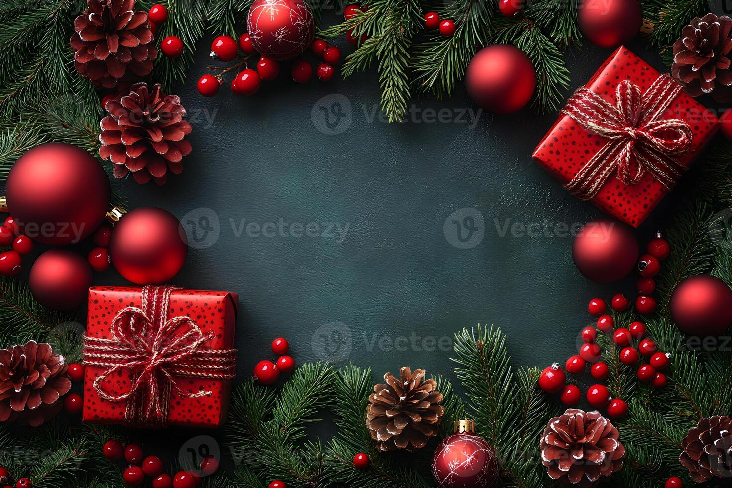 Festive Christmas Border with Red Gifts, Ornaments, and Pinecones for Holiday Design photo