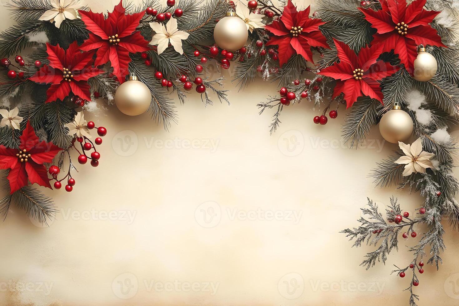 Festive Christmas Background with Poinsettias and Baubles for Holiday Greetings photo