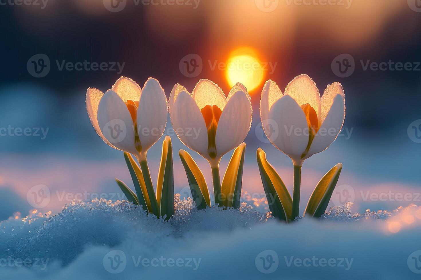 Spring Awakening Crocus Flowers Blooming at Sunrise in Snow photo