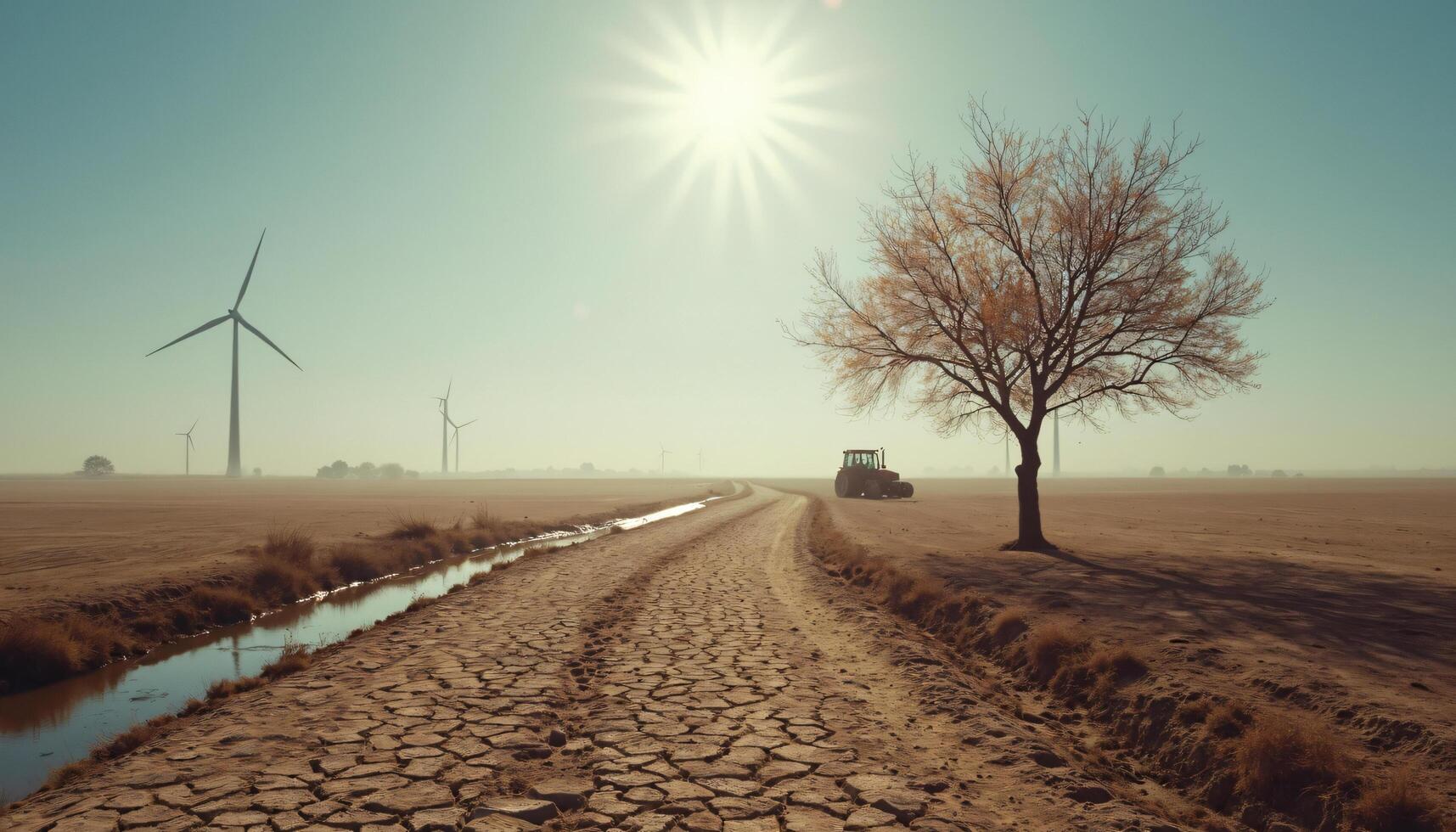 Dry Field with Dirt Road, Tractor, Wind Turbines, and Solitary Tree. photo