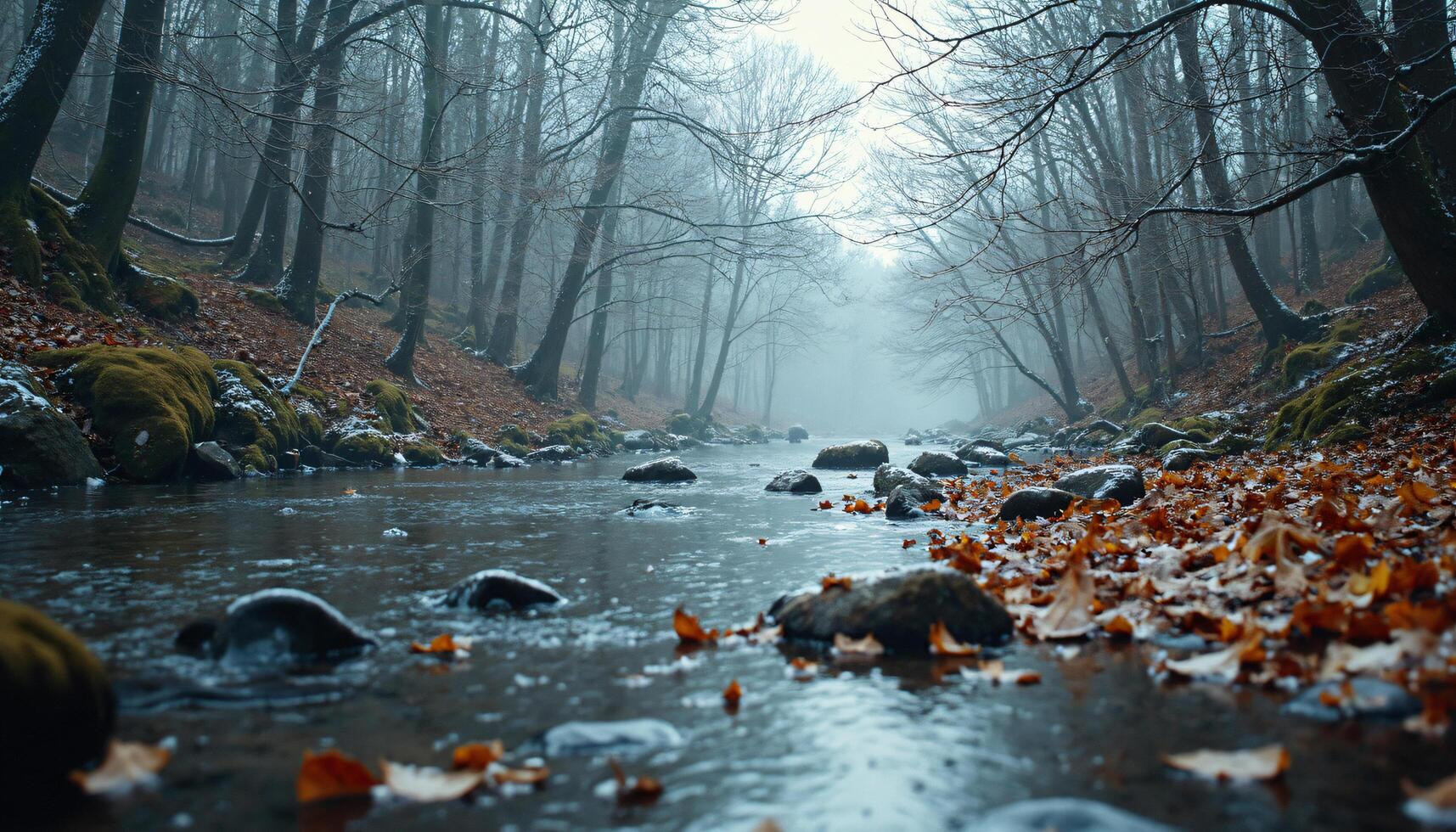 River Through Foggy Forest With Rocks and Fallen Leaves photo