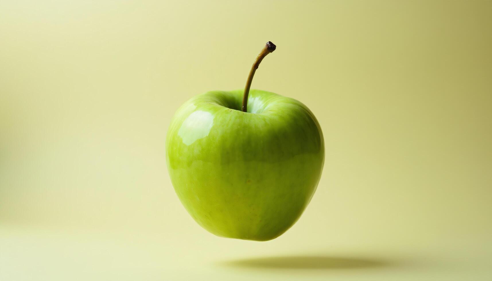 Isolated Green Apple with Stem on Yellow Background photo