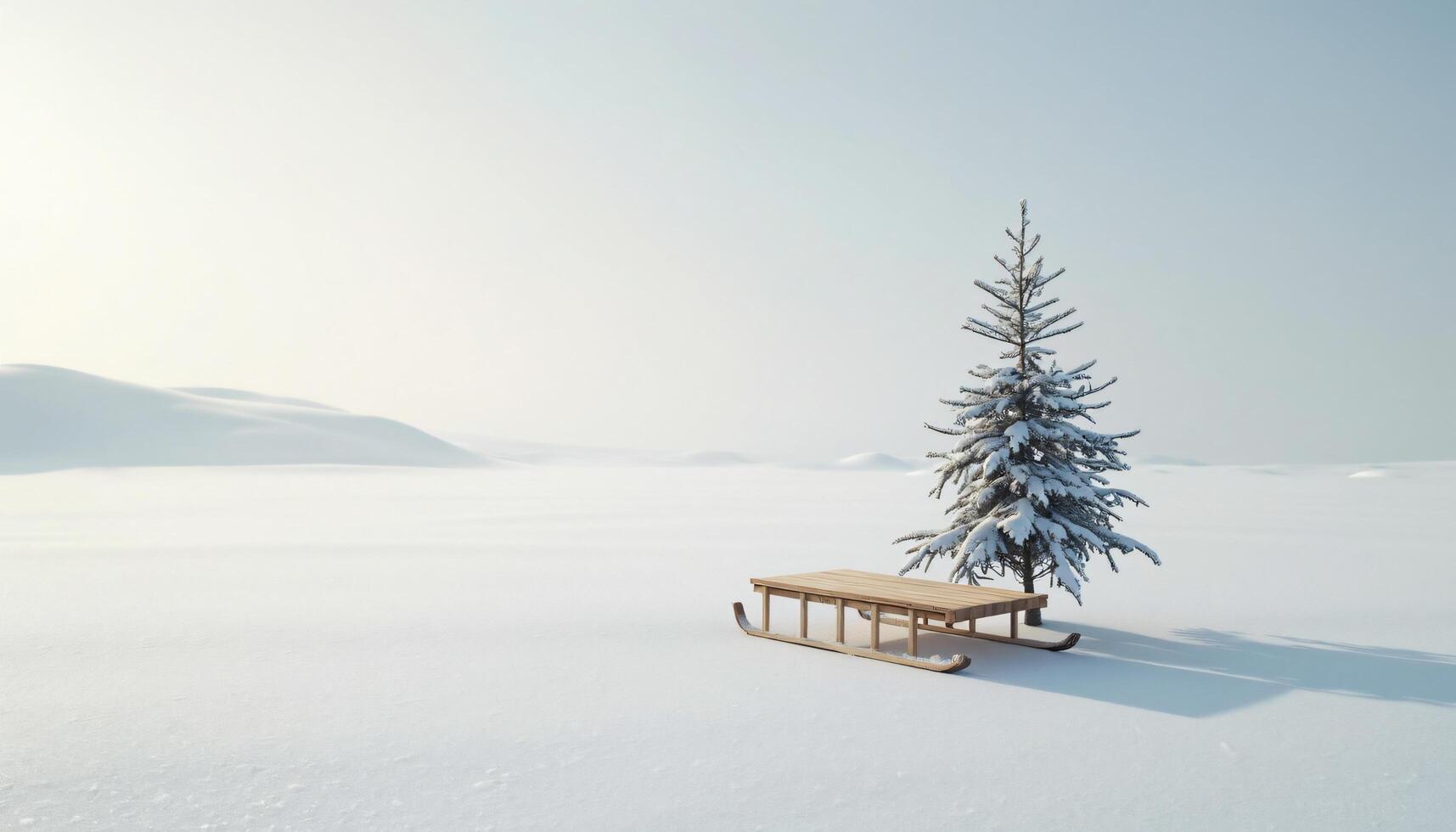 Snowy Field with Tree and Wooden Sled photo