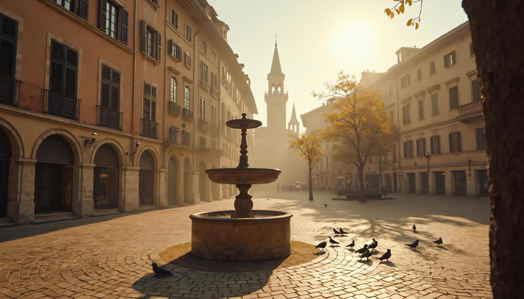 Stone Fountain in Town Square with Pigeons and European Architecture photo