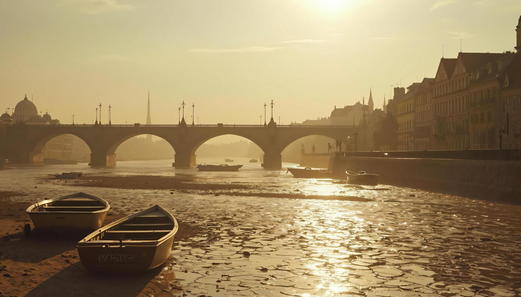 Boats on Mud Flats Below Bridge with Cityscape photo