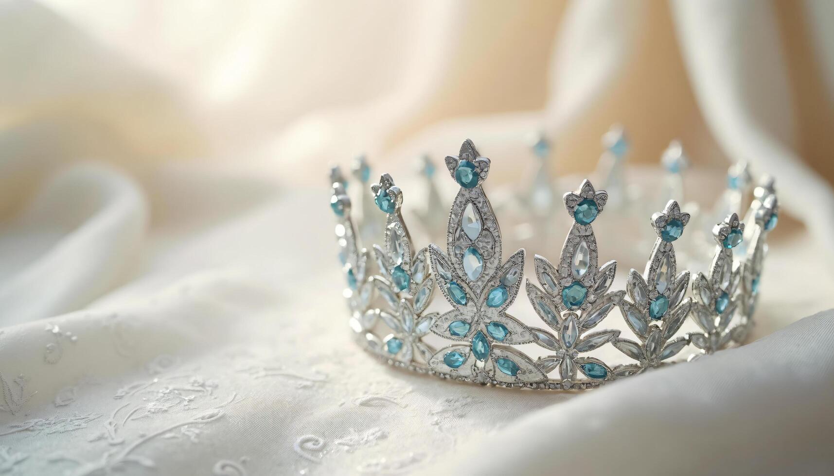 Silver Crown with Blue Gems on Cream Embroidered Fabric photo