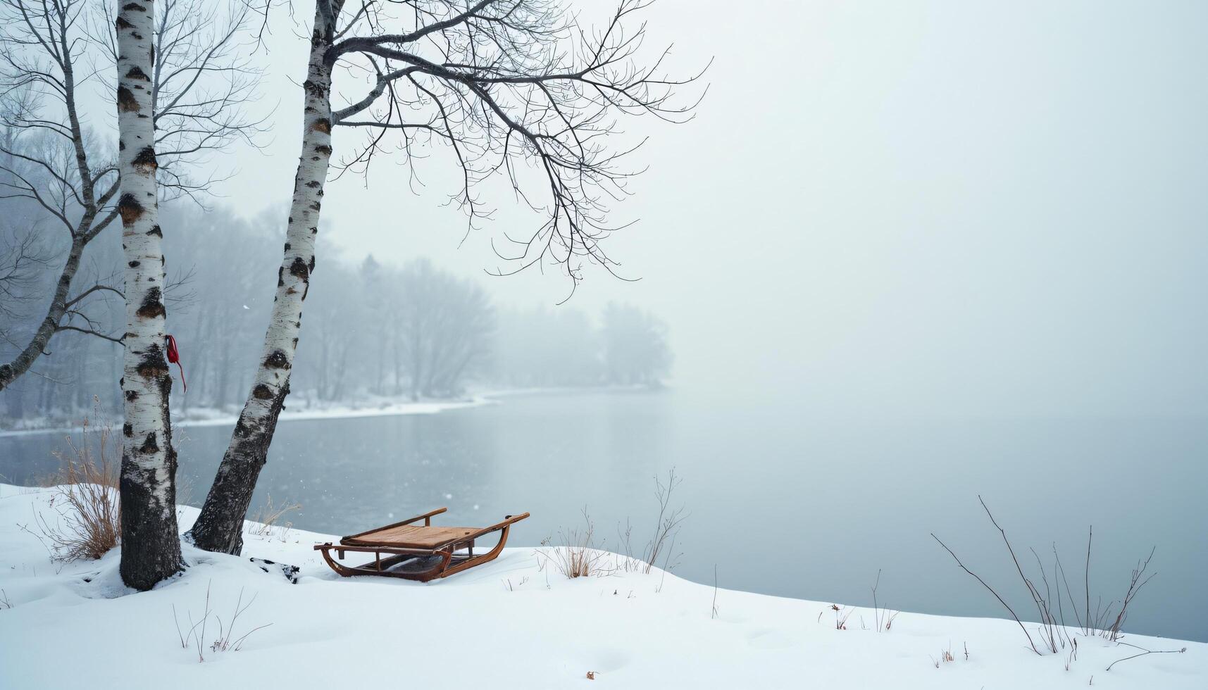Snowy Lakeside Scene with Birch Trees and Wooden Sled photo
